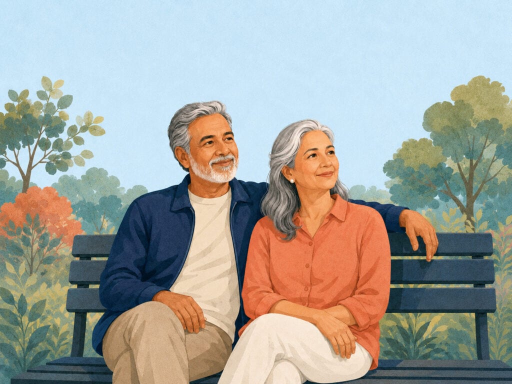 Senior couple sitting on park bench enjoying retirement together