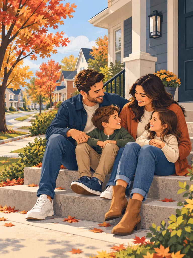Canadian family of four together on the front steps of their home in early autumn