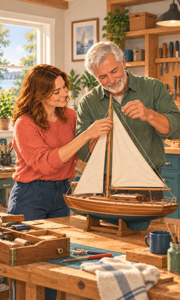 copd-life-insurance-canada Older Canadian father and adult daughter crafting a wooden model sailboat together in a home workshop.