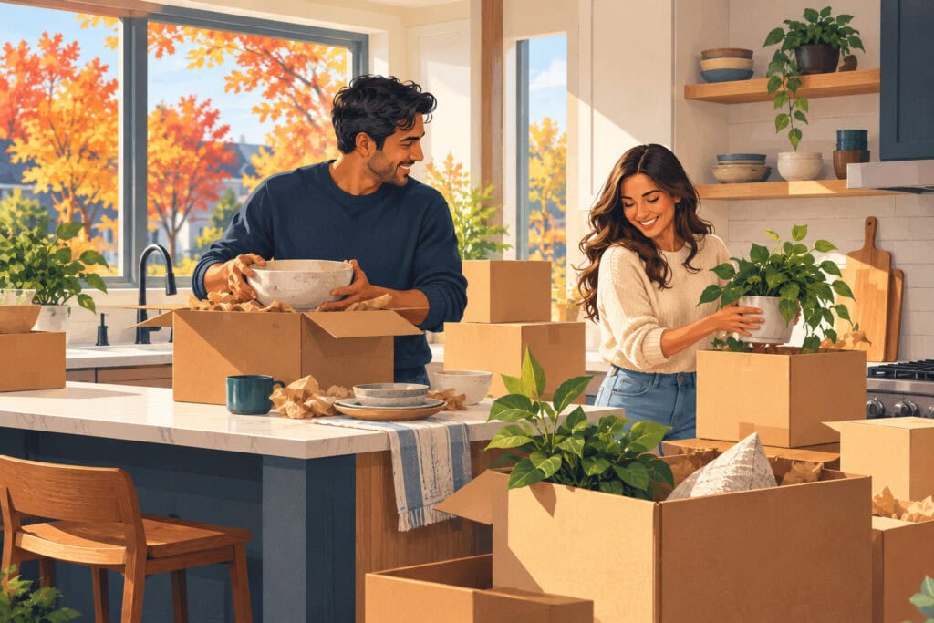 Couple in their 30s unpacking moving boxes in the bright kitchen of their new home with autumn colours outside